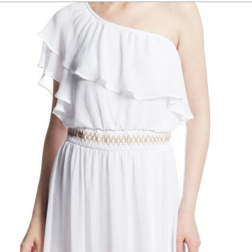 White Maxi Dress Ruffle One Shoulder Grecian Goddess XOXO - Picture 5 of 9